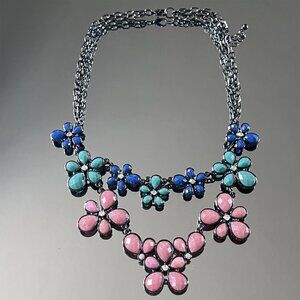 Tiered Statement Necklace - Pink, Blue, Teal Resin Flowers, Rhinestone Accents